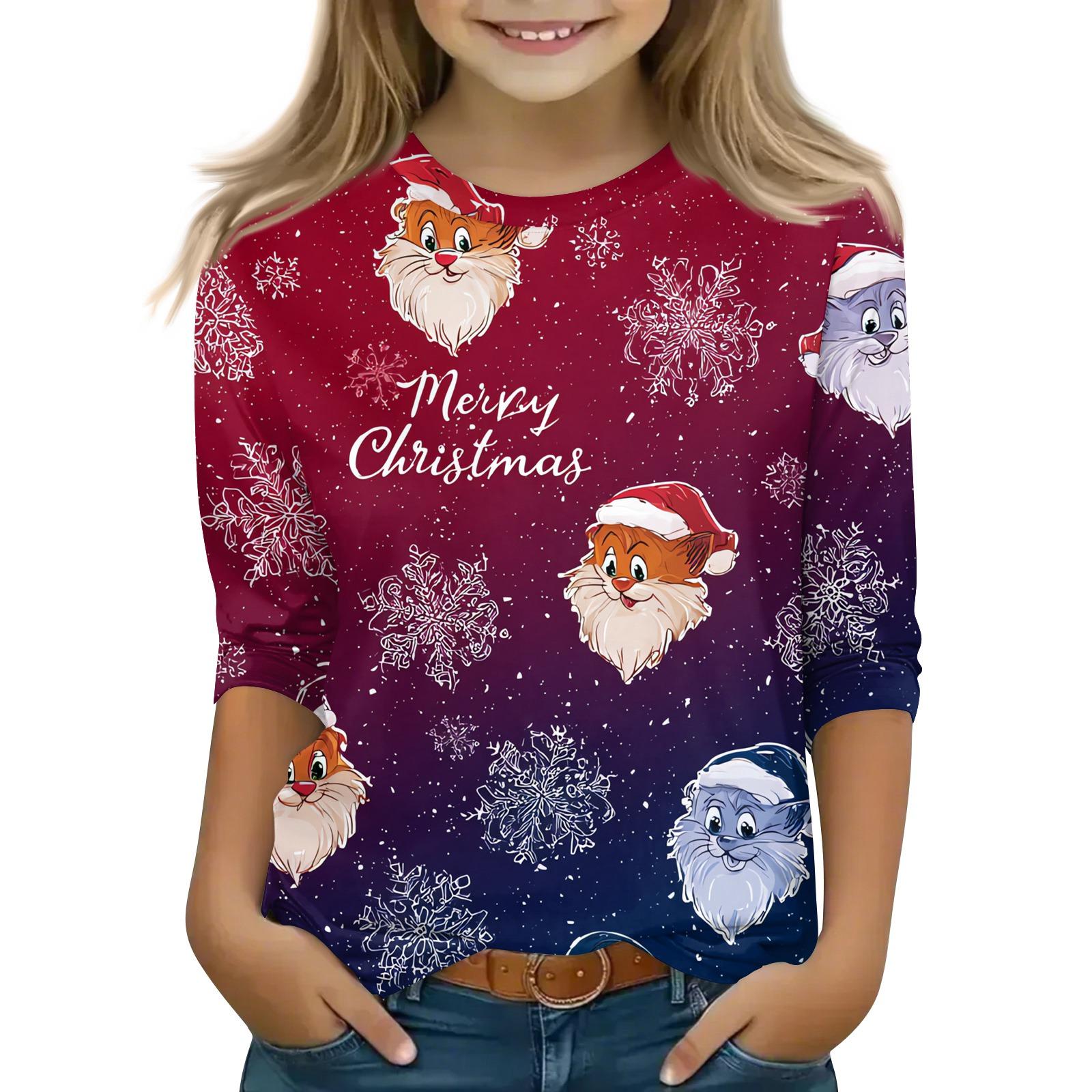 

Christmas Children s 3/4 Sleeve Tops Casual Printed Daily T Shirt Round Neck Pullover Blouse 140 красный