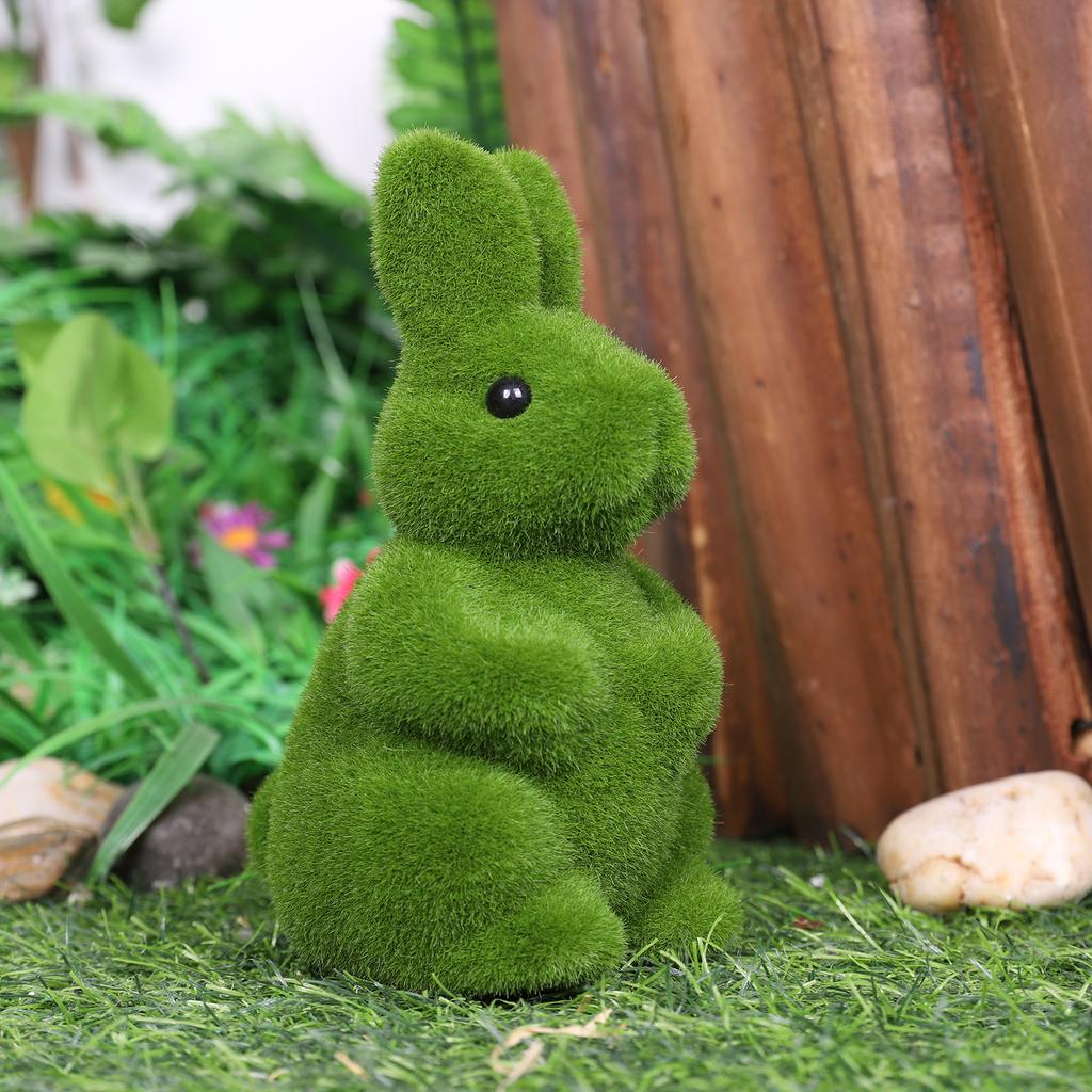 2Pcs Flocking Bunny Statue Flocked Animal Statue Decorative Fake Green Moss Rabbit Decoration Cute for Patio Garden Yard