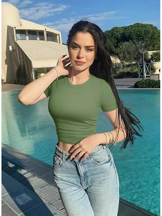 

Women s Versatile Short Sleeve Round Neck Ruffle Slim Fit Crop Top Large зелёный