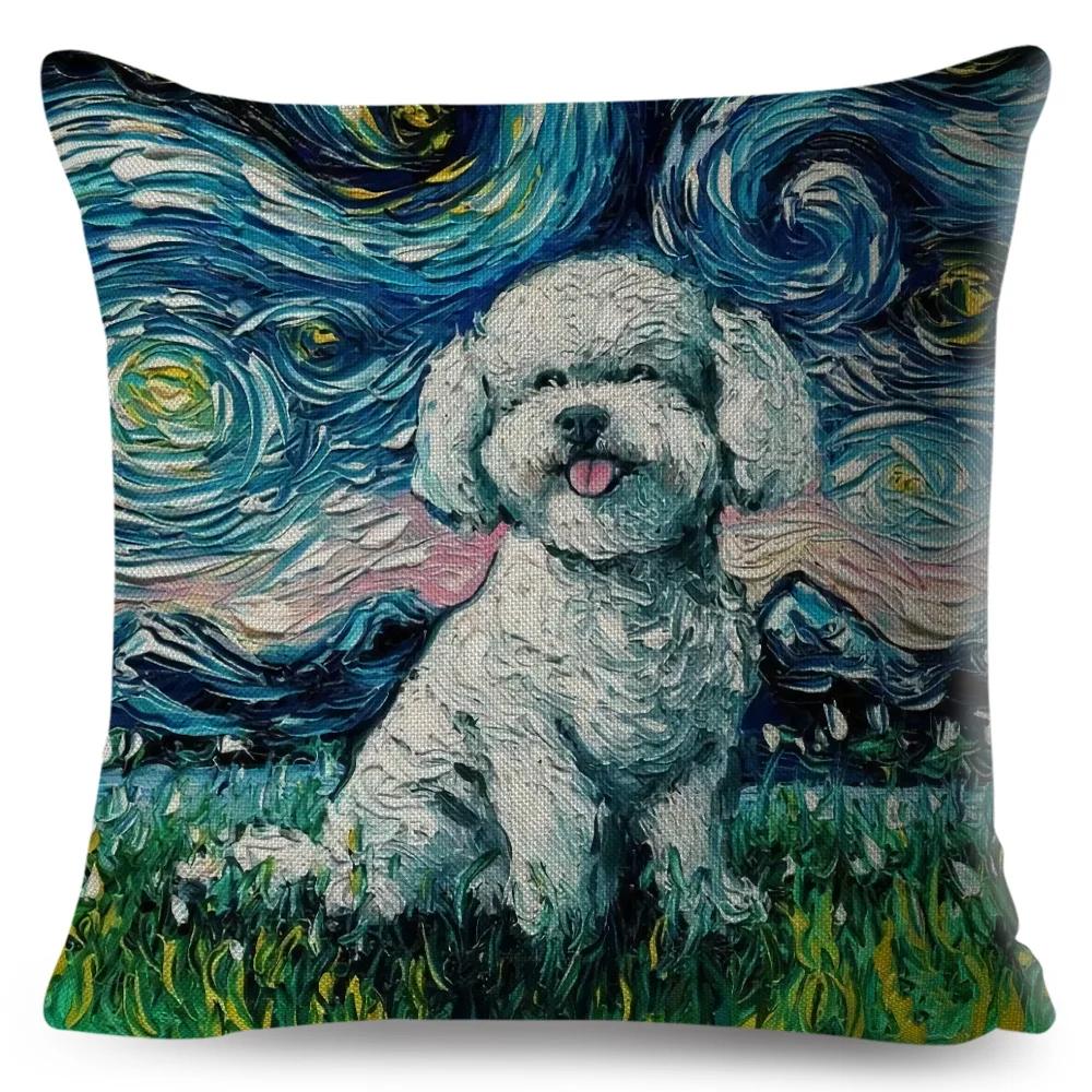 Both Sided Starry Sky Dog Cushion Cover Decor Oil Painting Cartoon Pet Animal Pillow Case for Sofa Home  Linen Pillowcase