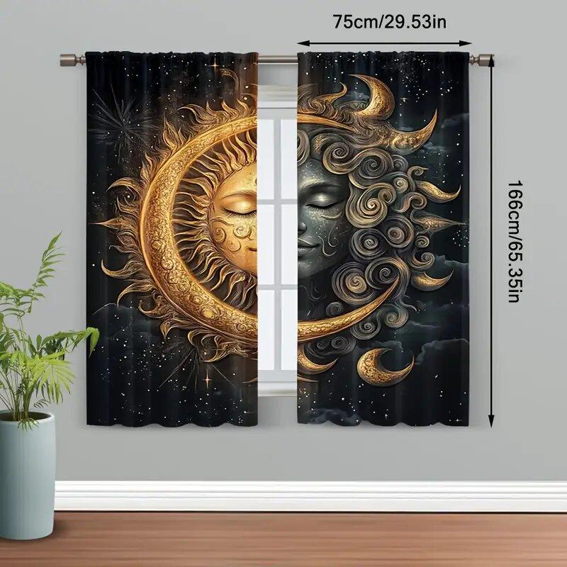 Set Of 2 Sun Moon Splicing Print Curtains Suitable Bedroom Living Room Kitchen Decoration Home Window Decor Curtain Polyester Perfect For Area