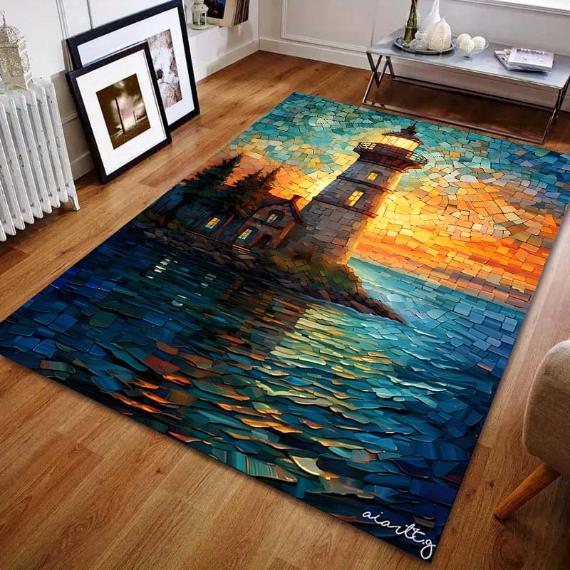 Seaside Lighthouse Stained Glass Window Print Carpet for Bedroom Living Room Bedside Sofa Floor Mat Modern Home Decor Area Rug