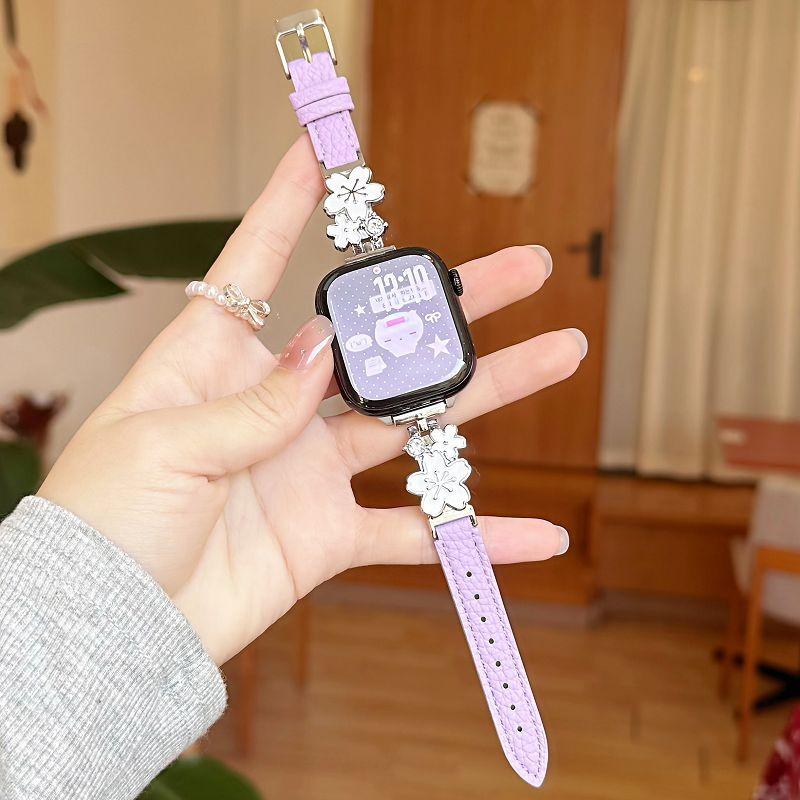 

Элегантный кожаный ремешок для Apple Watch Band 49 46 45 44 42 40 38 мм Браслет Тонкий Цветочный Ремешок Браслет для iWatch S11 10 9 8 7 6 5 iwatch S10 11 42mm фиолетовый