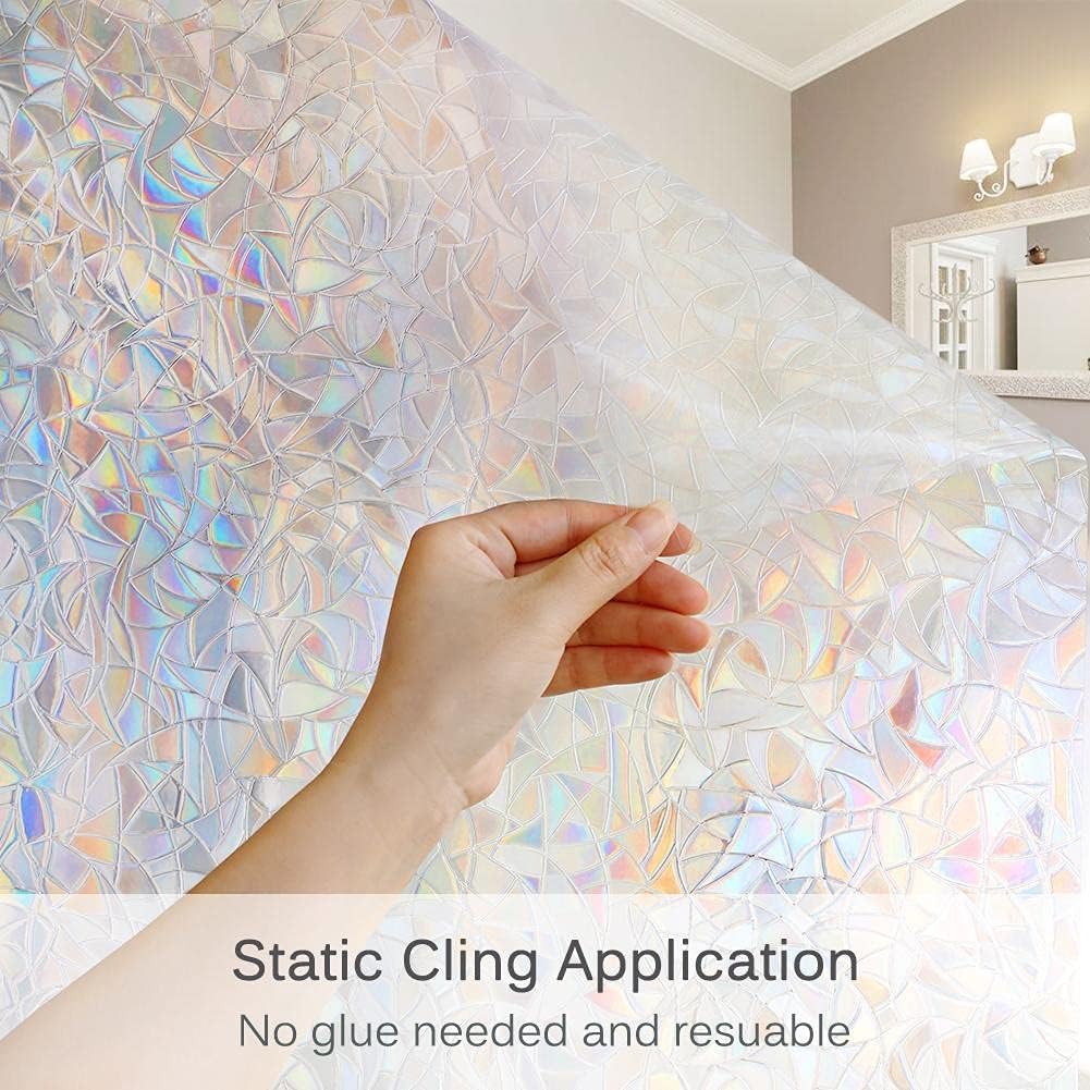 3D Rainbow Window Privacy Film with Installation Tools, Static Cling, Heat Control, Anti UV, 17.5x78.7 Inches