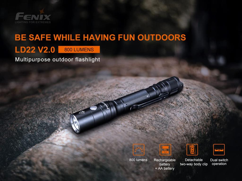 Fenix LD22 Max 800 AA Battery Aluminum IP68 Dustproof and Waterproof V2.0 Flashlight, Lumens, USB-C Rechargeable, Compatible, Alloy,