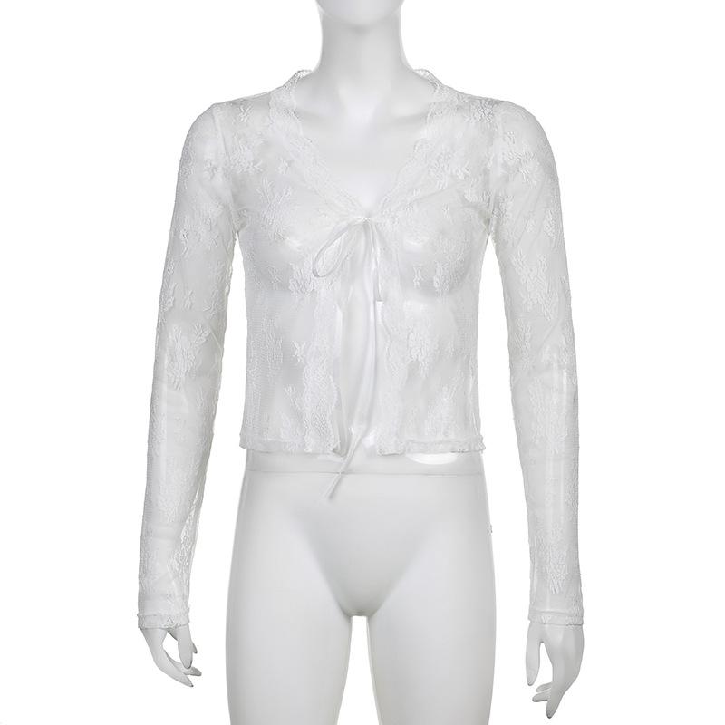 Lace Cardigan 2022 Summer Embroidery White Shirt Korean Clothes Beach Crochet Long Sleeve Top Women Ladies Sexy Blouse