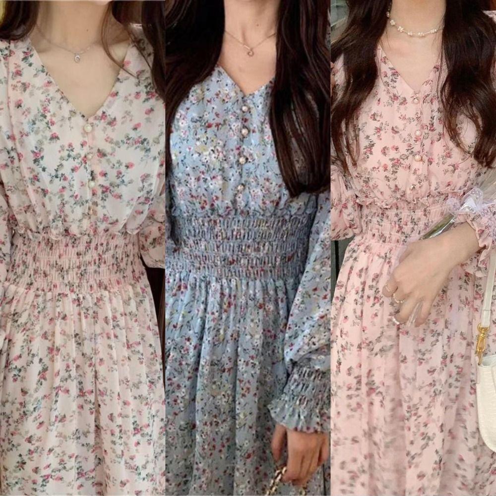 Aesthetic Flower Printing Dress Vintage V-neck Collar Dress Bohemian Chiffon Dress Formal Occasion