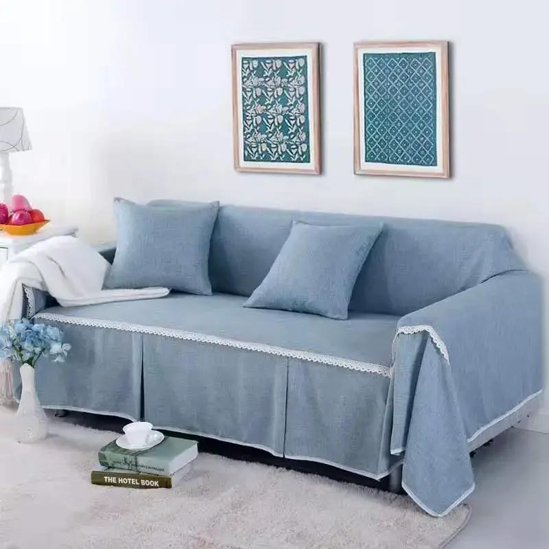 1/2/3/4-seater Sofa Cover for Living Room Solid Color Lace Edge Sofa Towel All-inclusive Dust Couch Cover Solid Slipcover