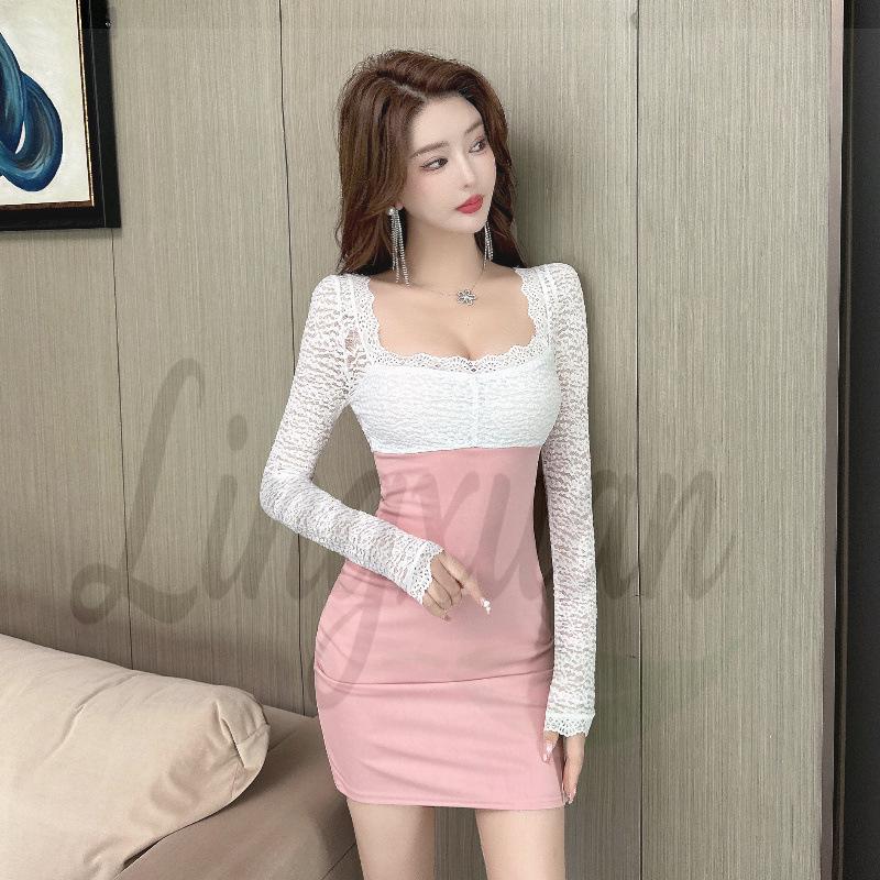 Elegant Slimming Lace Patchwork Square Neck Dress - Long Sleeve, Cinched Waist, Hip-Hugging Short Skirt Small