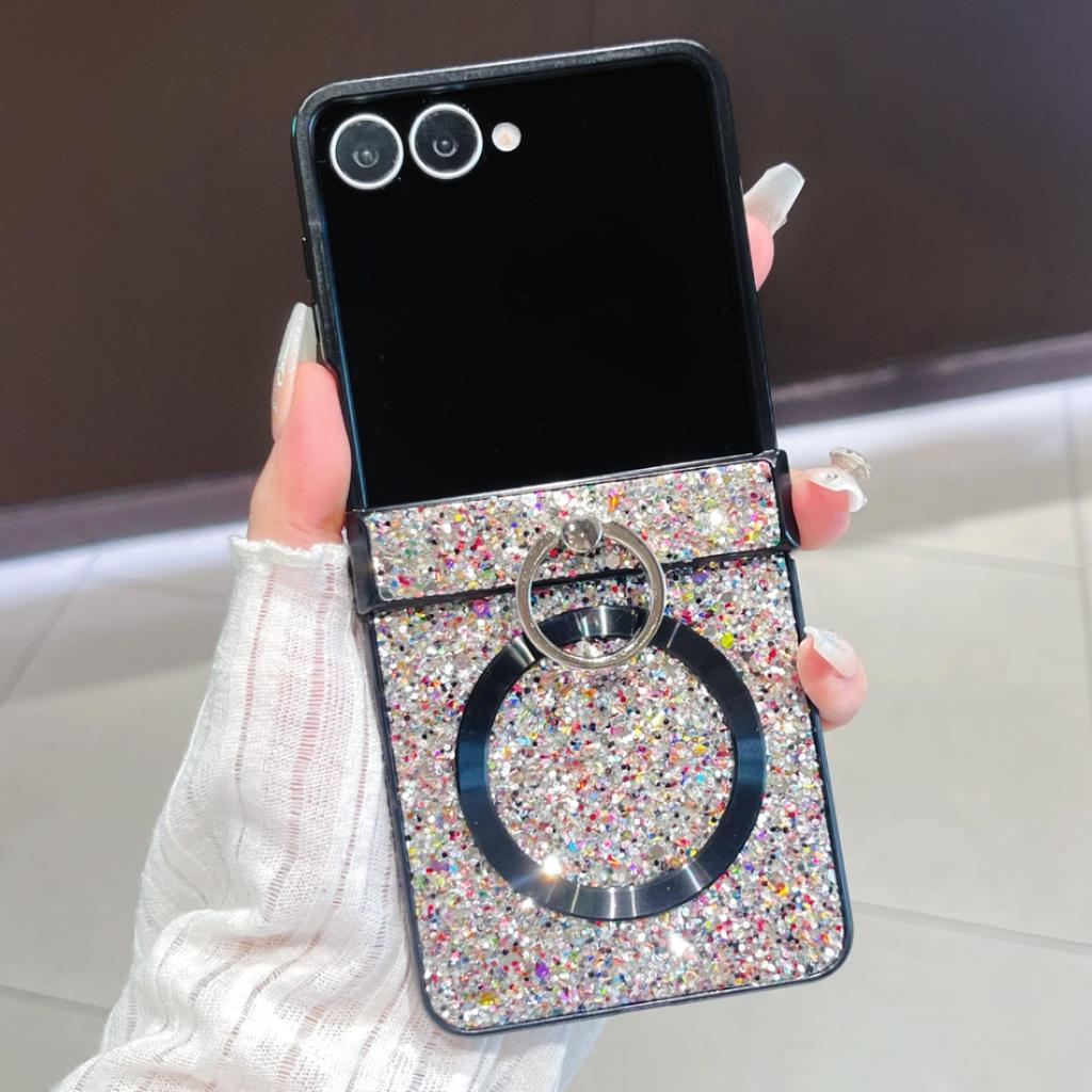 For Samsung Galaxy Z Flip 7 Ring Fold Bracket Magnetic Case for Samsung Galaxy Z Flip 6 Zflip 5 Zflip4 3 Shining Glitter Cover
