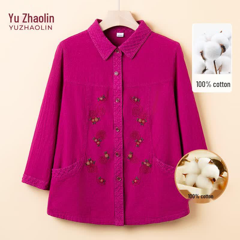 YUZHAOLIN Women s 100% Cotton Embroidered Loose Fit Shirt Cardigan 3XL розы красного