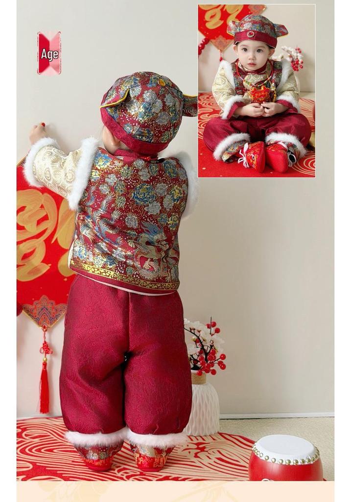 Children's Chinese Tang Suit: Boys' First Birthday Autumn/Winter Set with Grab-the-Week Hat & Festive Outfit