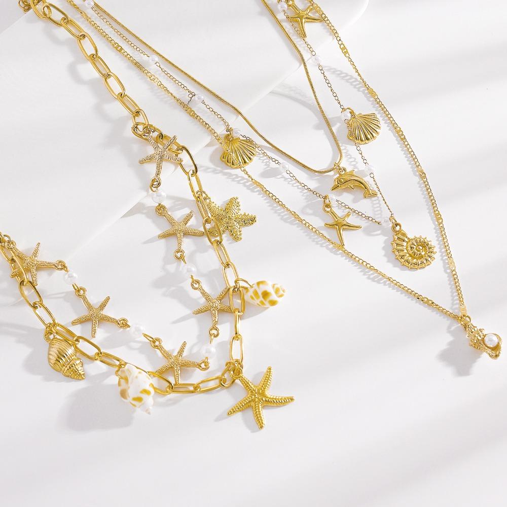 Bohemia Starfish Conch Pearl Beaded Choker Layered Necklace for Women Imitation Pearls Dolphin Summer Beach Vacation Jewelry