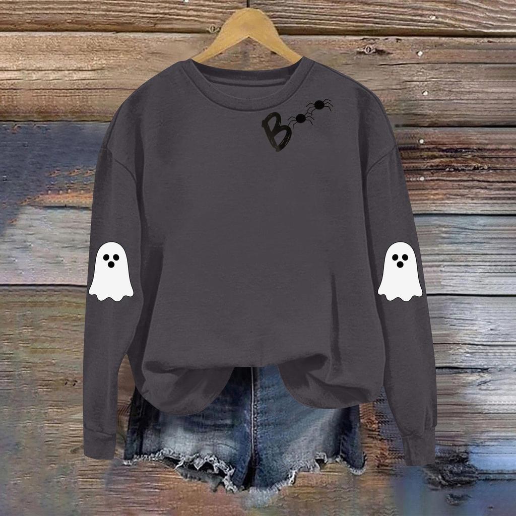 Damen Modisches Lässiges Langarm Halloween Bedrucktes Rundhals-Oberteil