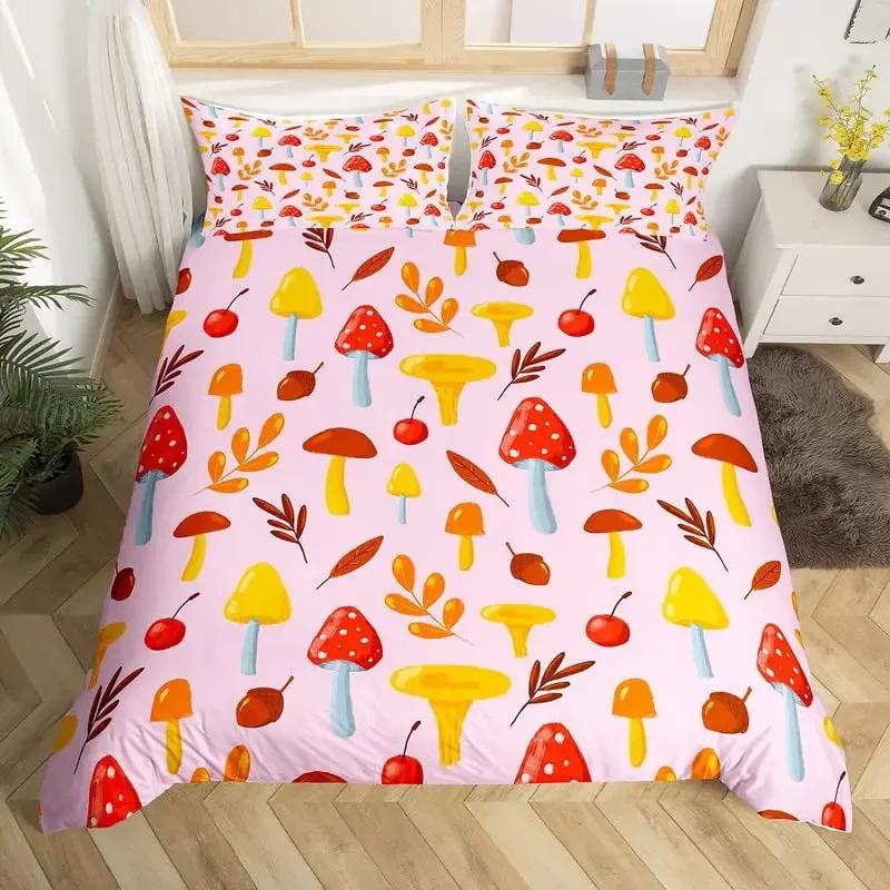 

Cute Mushroom Duvet Cover Set Microfiber Hippie Theme Exotic Plant Mushrooms Bedding Set Kawaii Fungus Comforter Cover Twin King EU Single(135*200cm)3pcs
