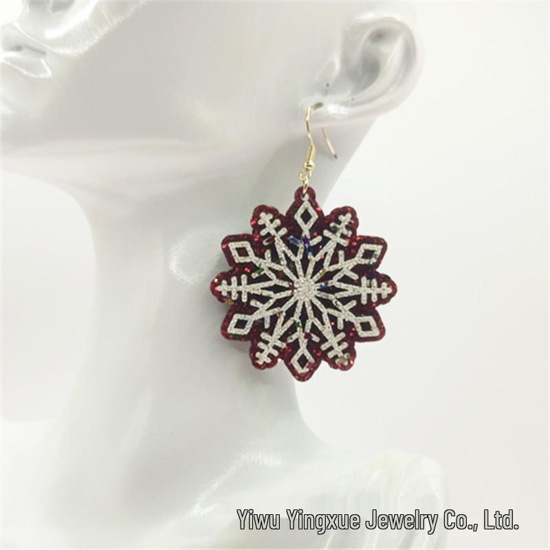 Cross-Border Christmas Snowflake Earrings: Hollow Wooden Double-Layer Leather Hooks