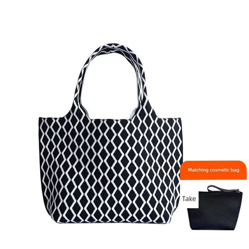 

2025 New Arrival Large Capacity Totes Shoulder Knitted Bag Fly Woven Bag Female Original Niche Woven Underarm Bag Black and white-Matching cosmetic bag