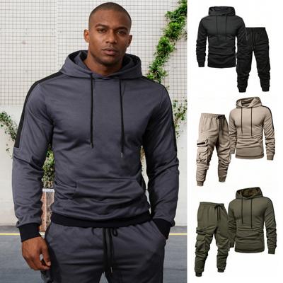 2Pcs/Set Men Tracksuit Hooded Drawstring Long Sleeve Sweatshirt Multi Pocket Sweatpants Set Ribbed Cuffs Jogging Suit