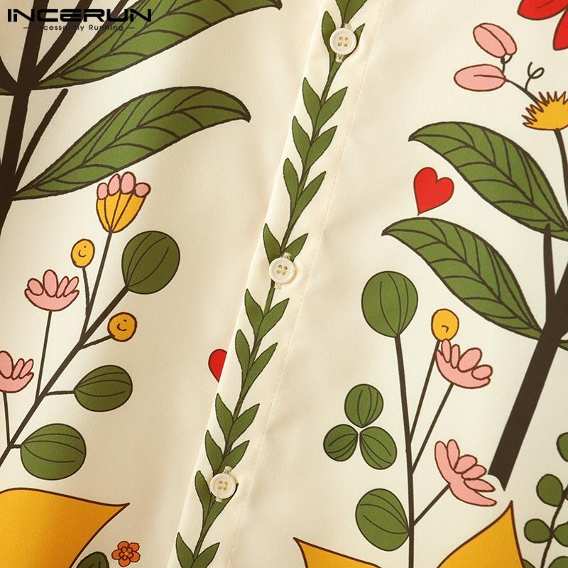 INCERUN Cămăși Casual de Vacanță pentru Bărbați, Mărimi Oversized, Guler Rever, Mâneci 3/4, Nasturi, Imprimeu Floral