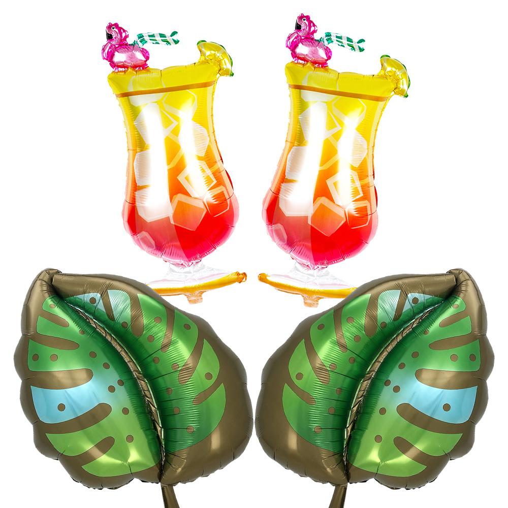 2 Flamingo Cocktails, 2 Special-Shaped Brown Leaves, Hawaiian Foil Balloons; Suitable for Beach Party Decorations, Hawaiian Other