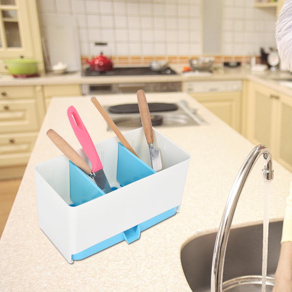 Separated Washable Kitchen Draining Rack Spoon Chopsticks Storage Box Holder Organizer (Blue)