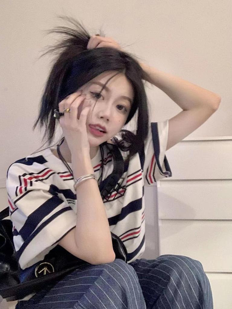 Women's 2024 Striped Pure Cotton Short-Sleeve T-Shirt - BF Style, Loose Fit, Casual Summer Top