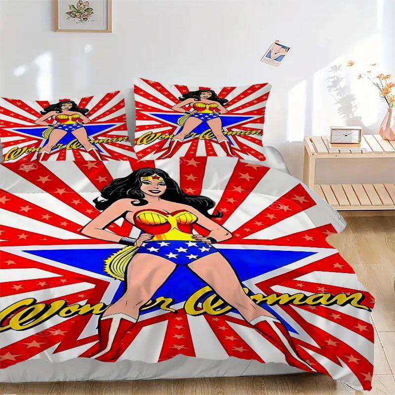 

3pcs Wonder Woman, Superhero Cover Set, Bedding Set, Soft Comfortable Duvet Cover, For Bedroom, Guest Room (1*Duvet Cover + 2*Pillowcases, W 135x200cm