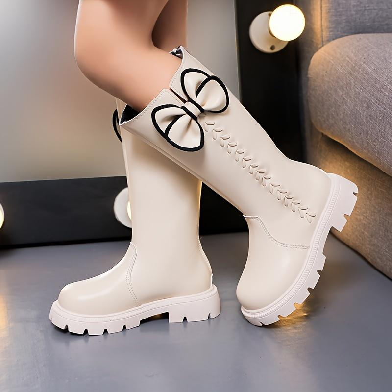 Girls High Top Winter Boots Bow Detail Slip Resistant Rubber Sole Zipper Closure Warm Fabric Lining