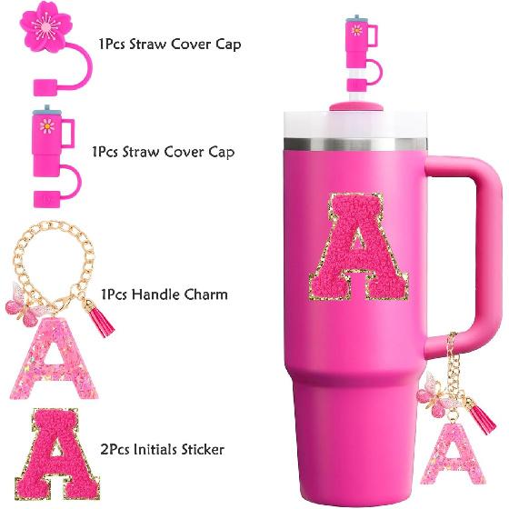 Cup Accessories Set for Stanley Cup 30oz 40oz tumbler with handle, Including Silicone Straw Topper Cover Cap, Handle Charm, Initials Sticker Fuchsia