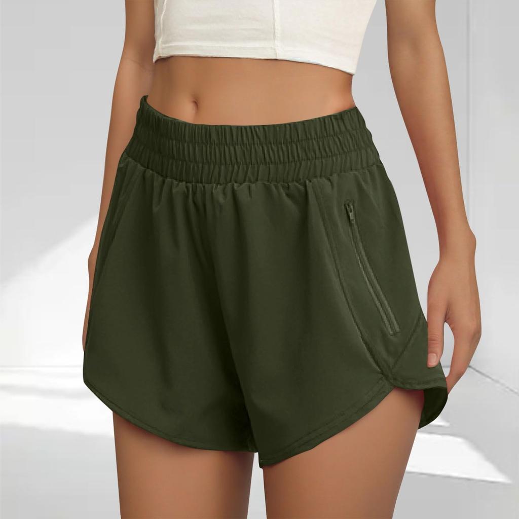 Women's Athletic Shorts High Waisted Running Solid Shorts With Zip Pocket Workout Shorts