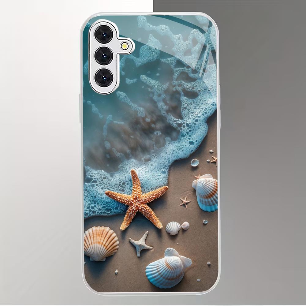 Seaside Scenery Silver Plated Glass Phone Case Suitable for Samsung Galaxy S26 S25 S24 S22 S21 S20 FE/Ultra/Plus Anti Drop