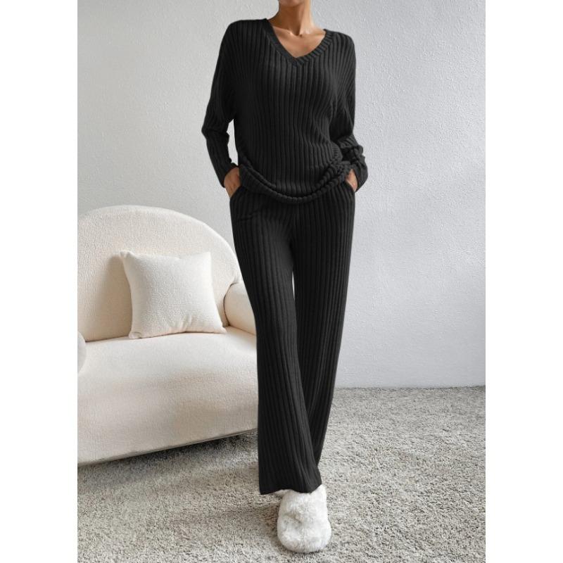 Autumn Fashion Casual Straight Leg Pants with Loose V-neck and Pit Stripe Knit Women's Two-piece Sets