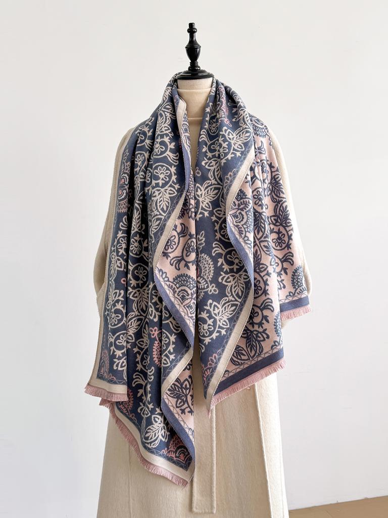 Winter  Elegance: Women'S Patterned Scarf, Thick Faux Pashmina Two-Sided Shawls, Warm Foulard & Ladies' Blanket Wraps