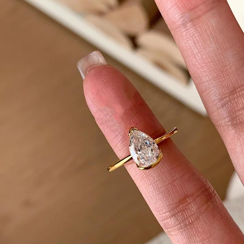 

PANJBJ 925 Sterling Silver Golden Ring For Women Zircon Geometry Water Drop Minimalism Jewelry Wedding Gift Dropshipping