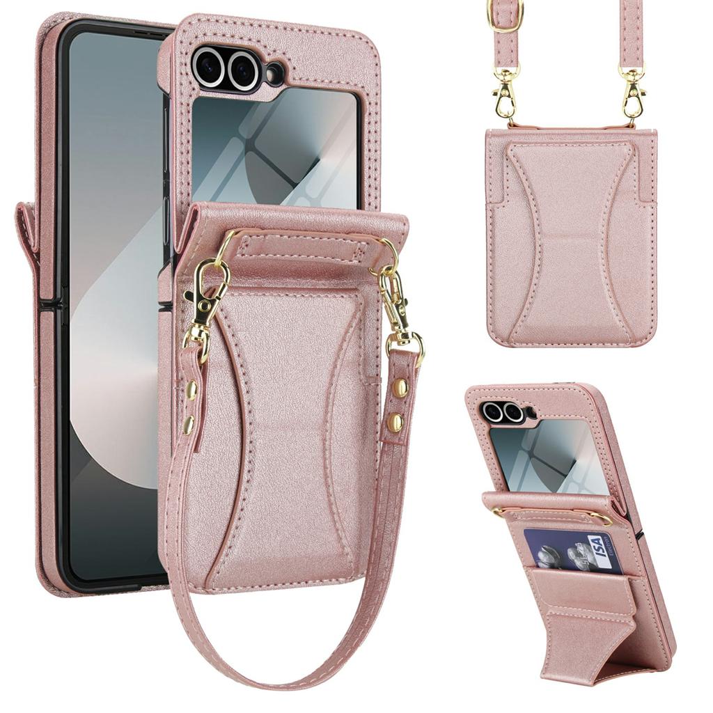 For Samsung Galaxy Z Flip5 5G Case Kickstand Leather+PC Folding Phone Cover with HD Screen Protector/Straps