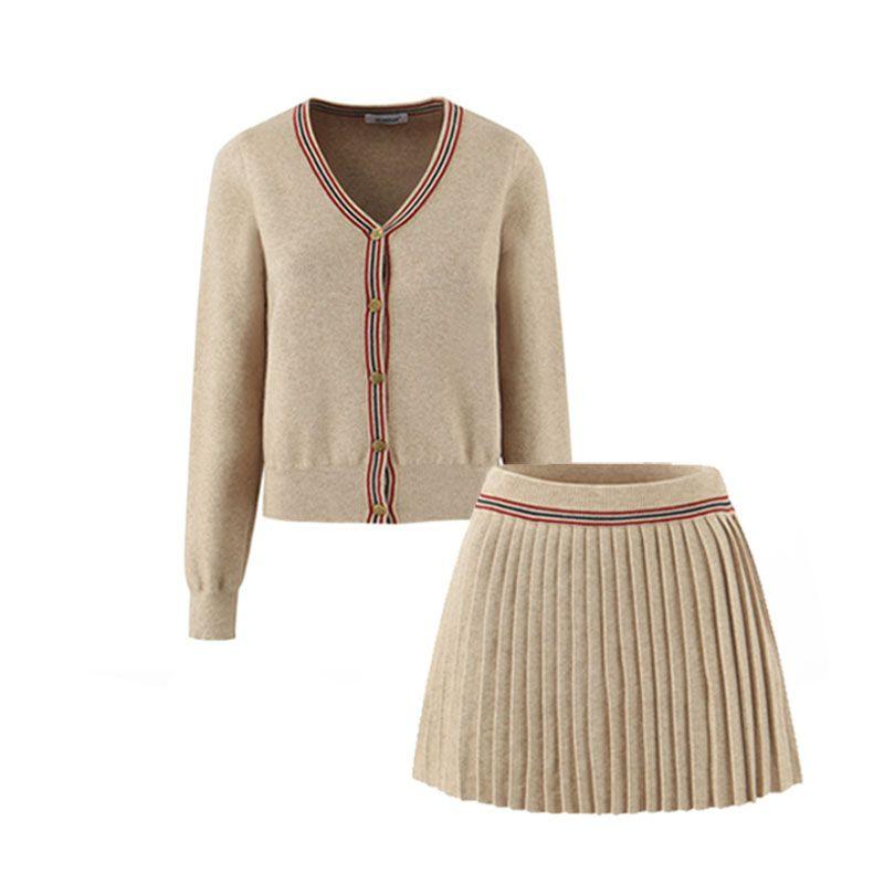 

Za Autumn New Women clothes 2025 Preppy Knitted Contrast Color Edge V-neck Cardigan Pleated Skirt Two-piece Set Khaki All yards