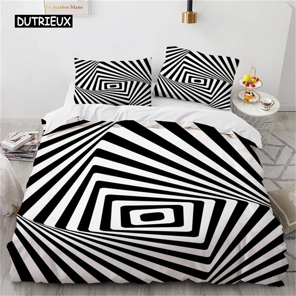 Duvet Cover Psychedelic Spiral Swirl Quilt Cover Abstract Art Black White Geometric Checkered Bedding Set for Bedroom Decoration