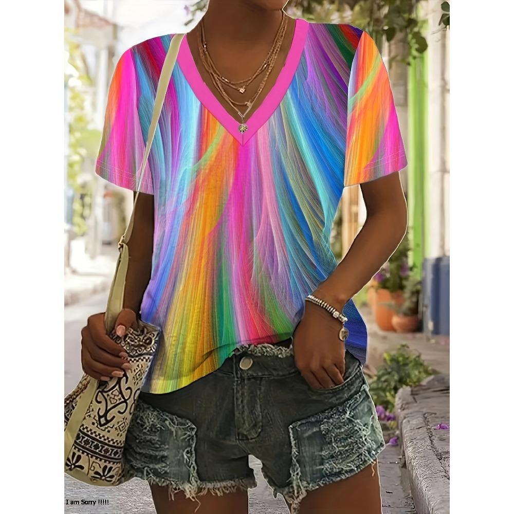 Color Printed T-shirt Top, Fashionable Summer Women's V-neck Short Sleeves, European and American Casual Pullover Clothing