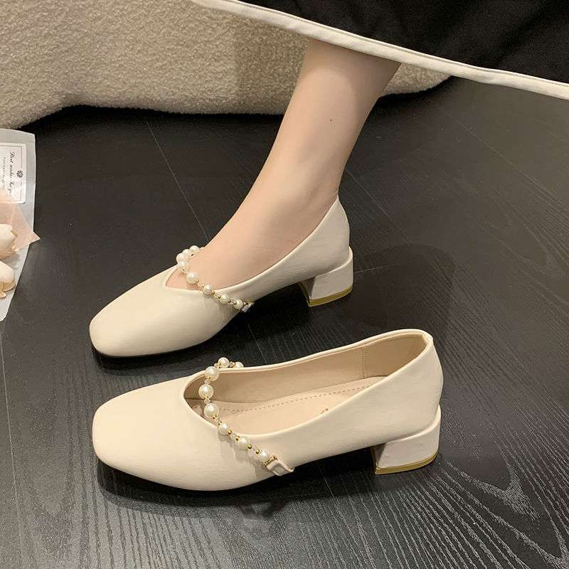 Mary Jane Shoes Women's 2025 Summer New Shallow Mouth Square Head Thick Heel Single Shoes French Temperament Pearl Soft Sole Small Leather Shoes