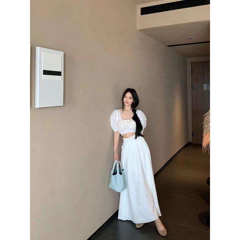 Kumikumi Fashion Set French Style Puff Sleeve U Collar Shirts Women Summer Loose Pleat Skirt Two-piece Set
