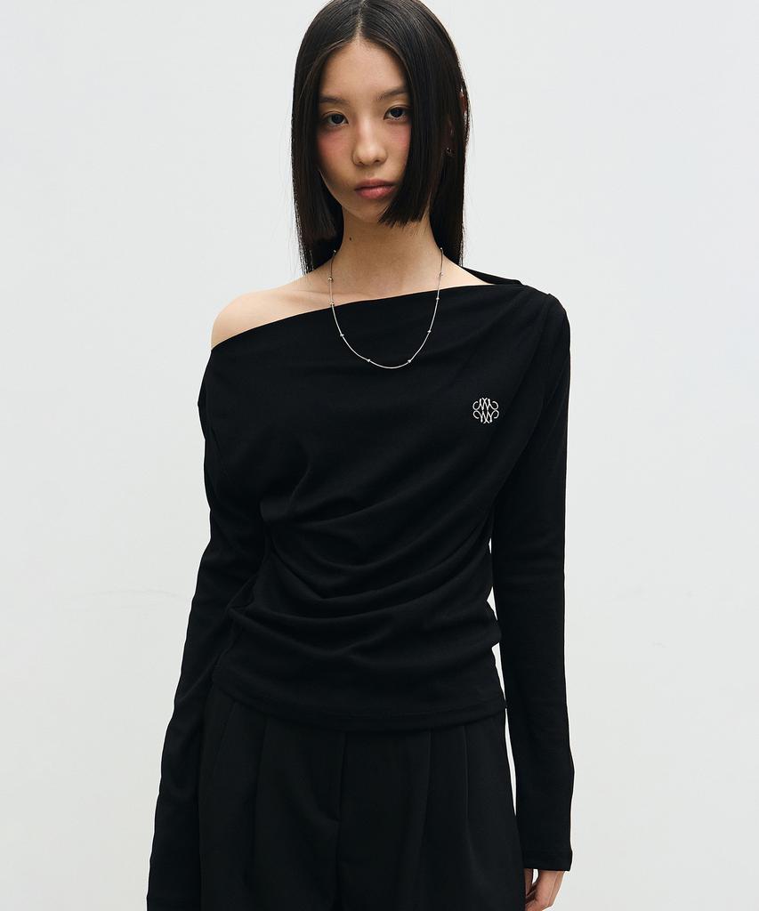 Nigaennikol Shirring Drape Boat Neck Top_Black