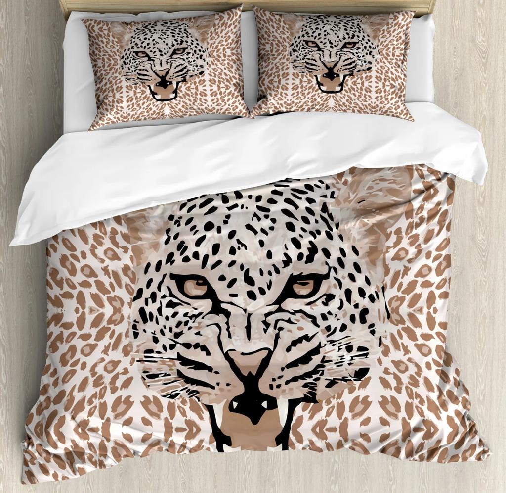Leopard Duvet Cover Set King/Queen Size,African Predator Animal Skin Spotted Pattern Quilt Cover Brown Polyester Bedding Set