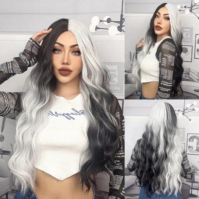 Long Wavy Ombre Black White Synthetic Wigs for Women Heat Resistant Natural Middle Part Cosplay Party Lolita Daily Hair Wigs