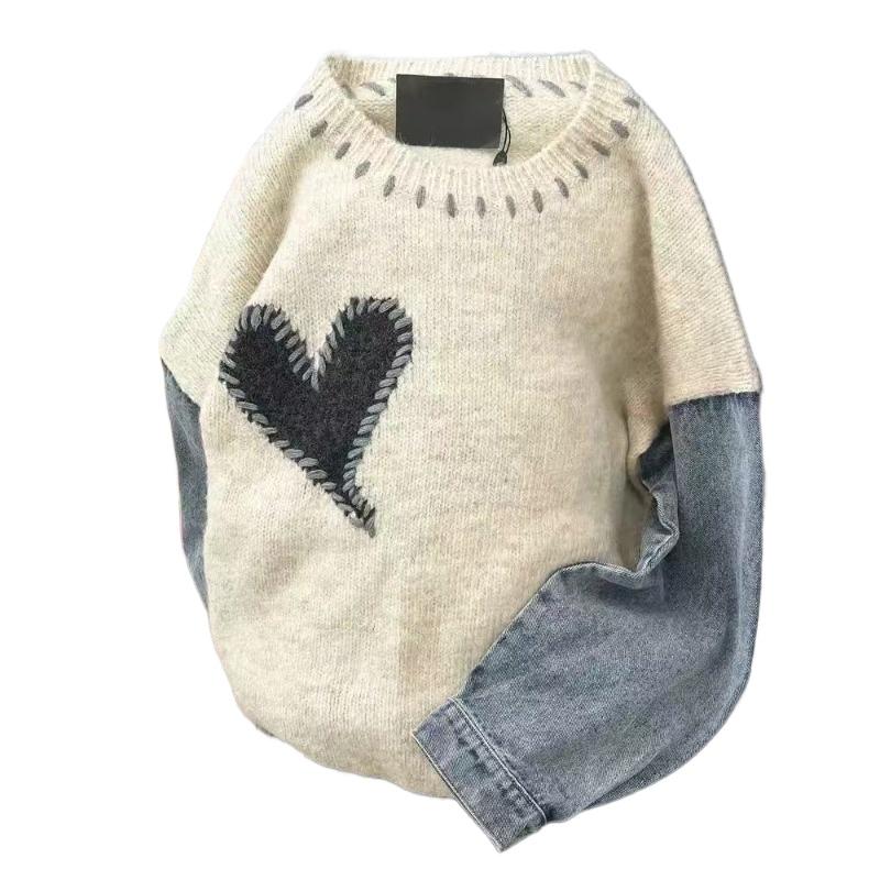 Love Pattern Denim Spliced Woman Sweater New Unique Design Round Neck Style Pullover Autumn Warm Women's Trendy Top