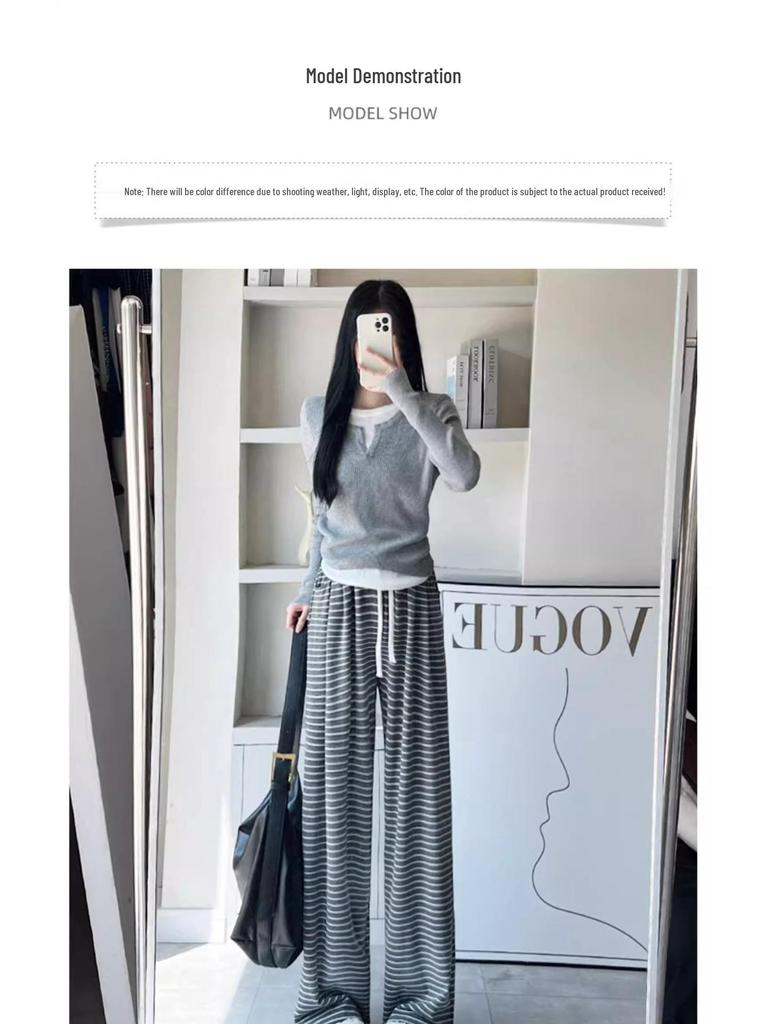 Women's High-Waisted Striped Drawstring Pants, Petite Size, Soft Wide-Leg, Perfect for Spring and Autumn