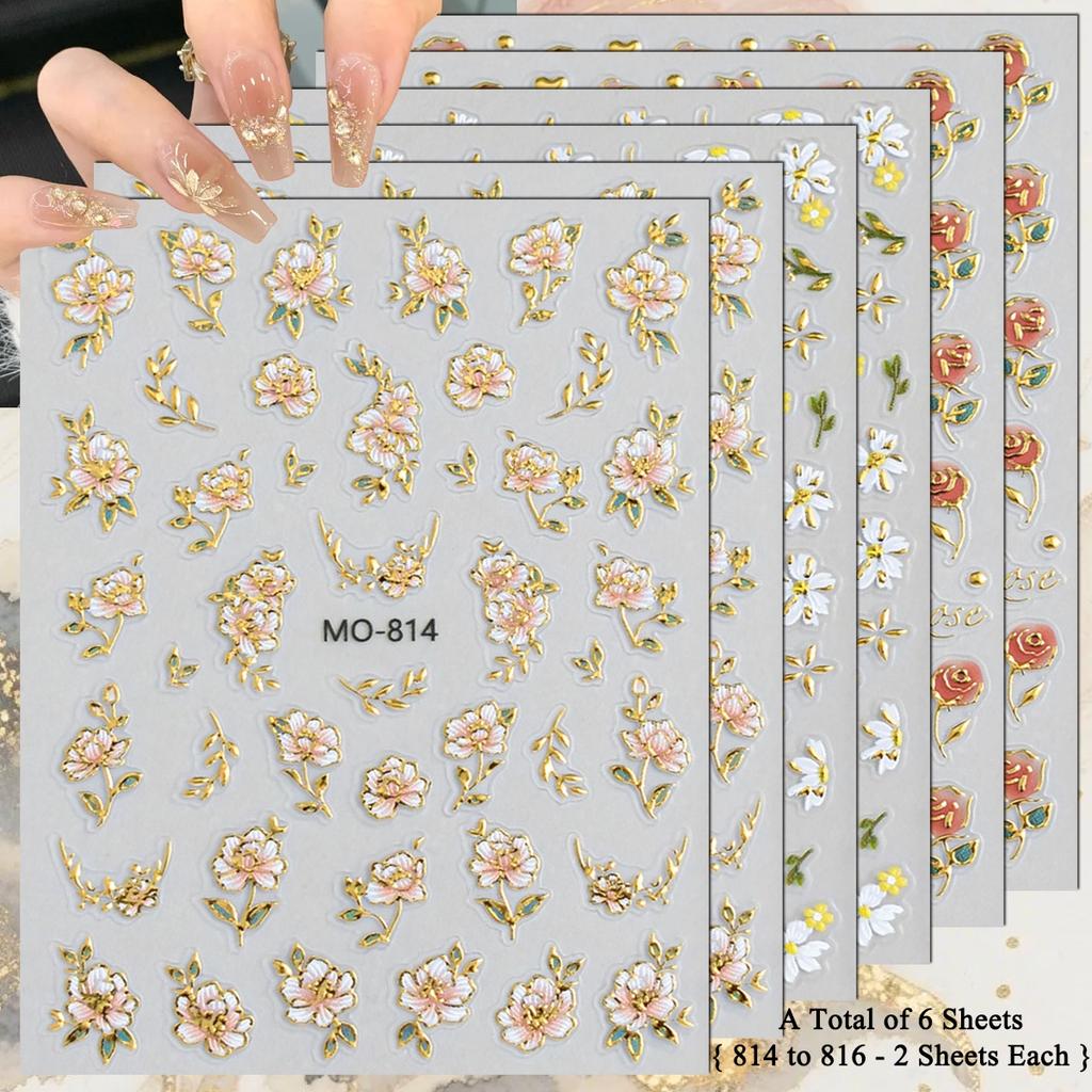 3 To 15 Sheets 5D Embossed Gold Outline Flower Nail Stickers Rose Daisy Spring Blossom Self-Adhesive Floral Decals