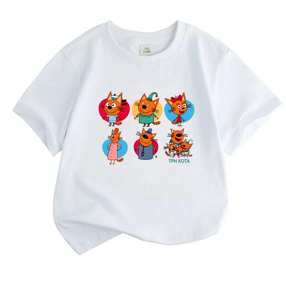 Kids Boys Girls 100% Cotton Crew Neck Short Sleeve T-Shirt, Cute Orange Cartoon Cat Family Print Casual Soft Breathable Top for Children Daily Wear, G