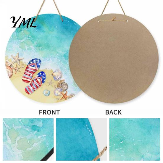 Summer Beach Decor Round Wooden Door Hanger, Watercolor Welcome Sign, Hello Sunshine Indoor Outdoor Wall Hanger Please Plaque for Porch Decorative