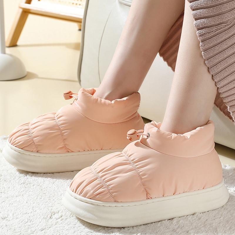 Fashion Waterproof Down Fabric Indoor Slippers Women 2025 Winter Soft Thick Bottom Non Slip Slippers Warm Plush Home Shoes Plus Size 45