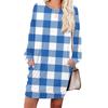Damen Kariert Modisch Langärmlig Rundhals Taschenkleid
